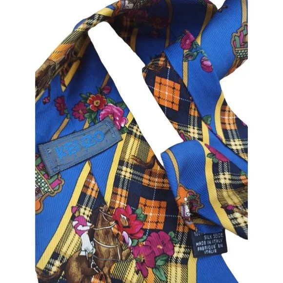 KENZO PARIS Blue Floral Equestrian Silk Tie ITALY 59"/ 4" EC - Picture 7 of 9